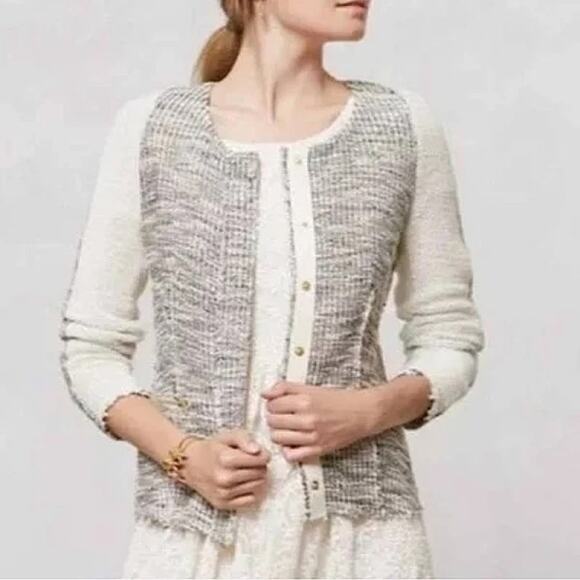 Anthropologie Cartonnier Knit Cardigan Womens M Ivory Snap Front Heavy Caridgan - Picture 1 of 9